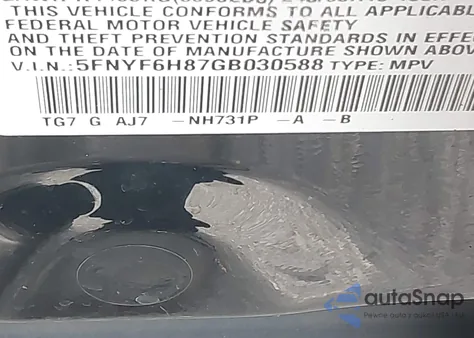 2016 Honda Pilot Ex-L из США, поврежденный, VIN 5FNYF6H87GB030588